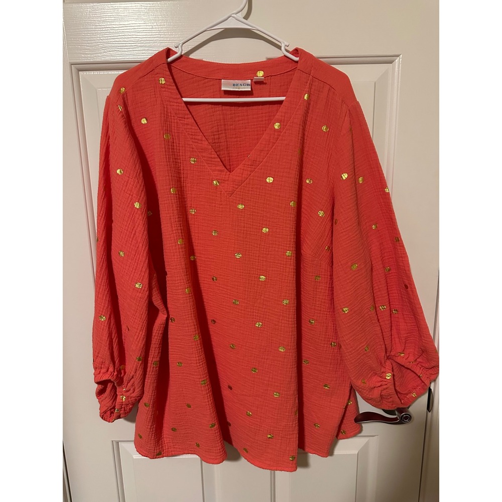 Belle Beach Top Womens 2X Coral Gold Polka Dot Gauze V-Neck Balloon Blouse